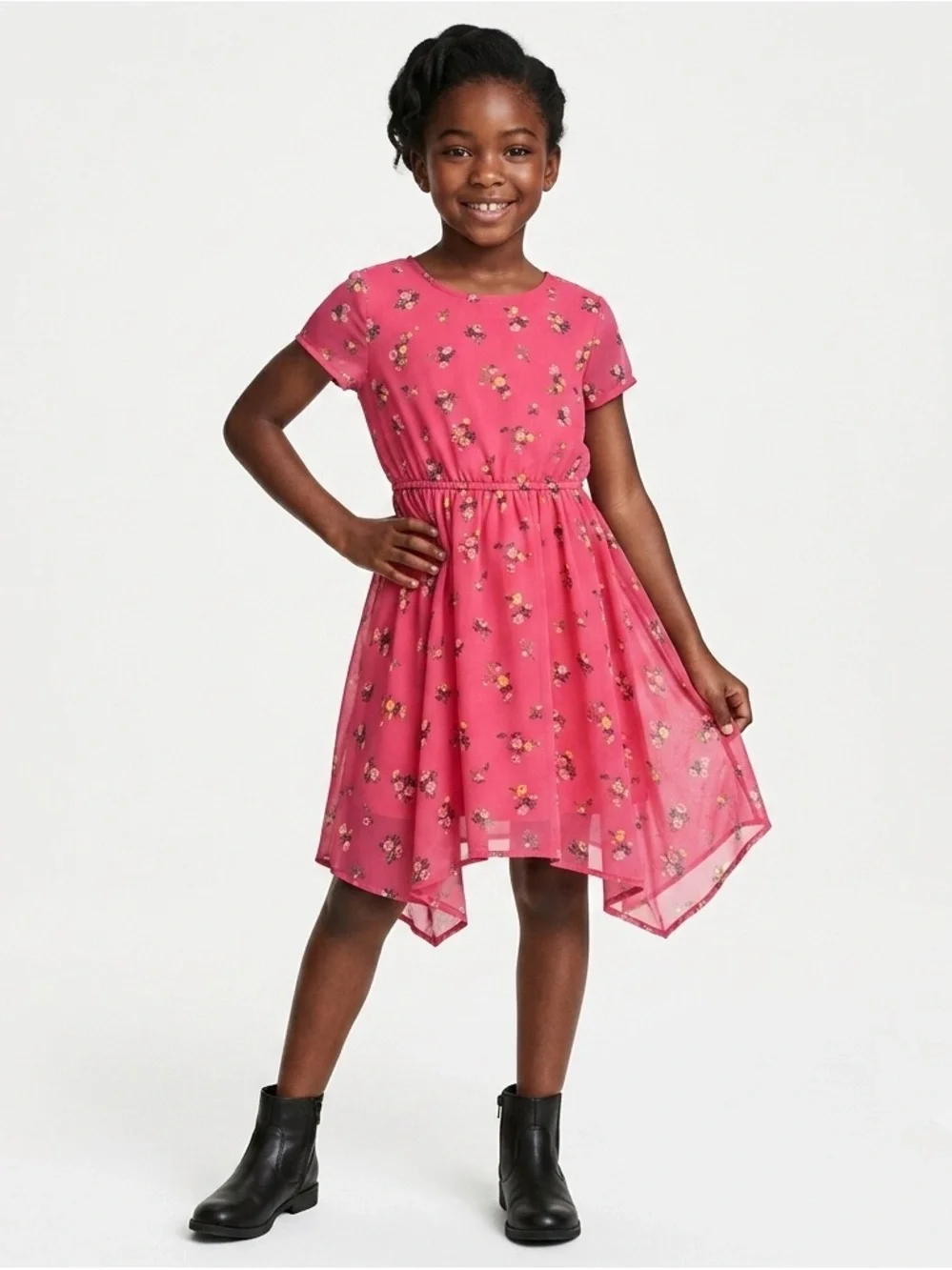 H&M Girls Pink Floral Asymmetrical Chiffon Dress Size M 7/8